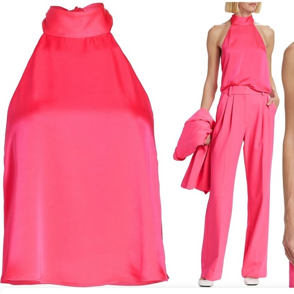 NWT FAVORITE DAUGHTER TAKE A BOW SATIN HALTER TOP -pink peacock- SIZE XL - Picture 1 of 6